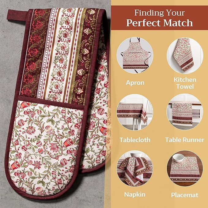 Maison d' Hermine Double Oven Mitts 100% Cotton 7"x35" Double Oven Mitt Heat Resistant BBQ Cooking Gloves with Loop, Baking, Grilling, Home, Kitchen, Handling Hot Pans (Reveillon Au Jardin)