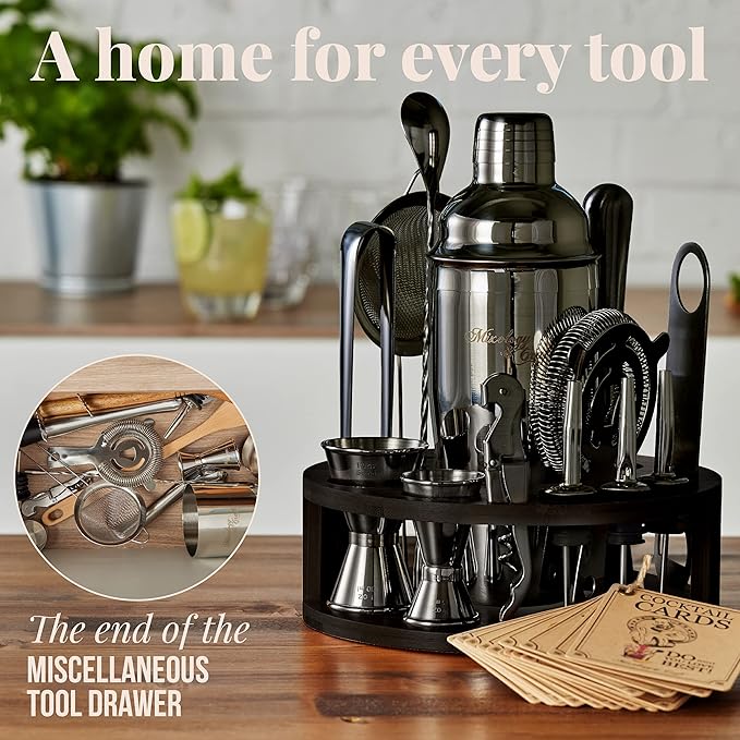 Mixology & Craft Bartender Kit – 15-Piece Cocktail Shaker Set with Bar Tools, Premium Stainless Steel Drink Mixer Accessories for Home Bar, Includes Bamboo Stand, Plus Exclusive Recipe Cards (Black)