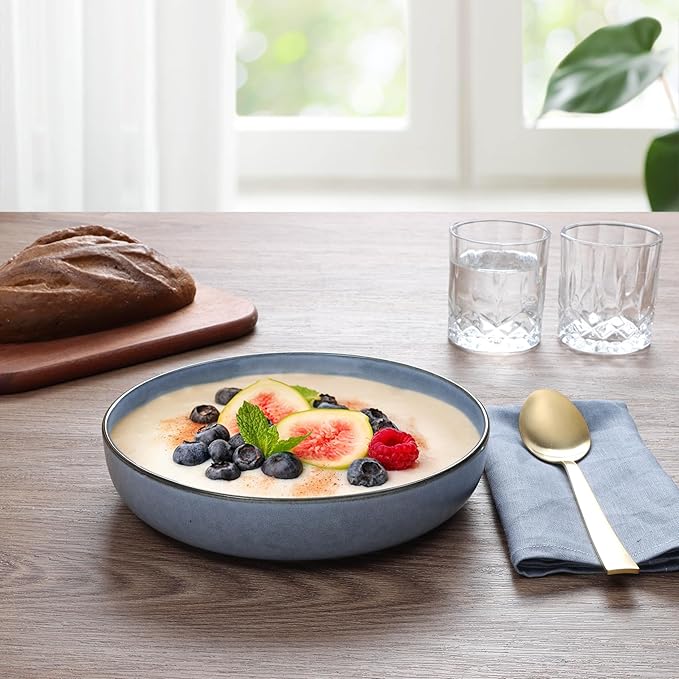 E-far Pasta Bowls Set of 4, 35oz Large Salad Bowls for Serving, Wide and Shallow Ceramic Plates for Kitchen, Double Reactive Glaze, Microwave and Dishwasher Safe, Ocean Blue