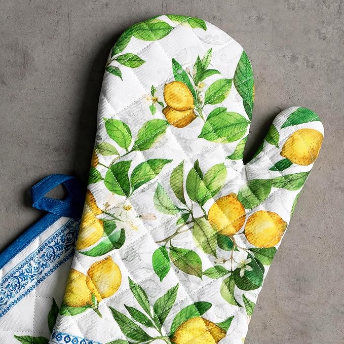 Maison d' Hermine 100% Cotton Oven Mitt & Pot Holder Set (7.5"x13" & 8"x8") Heat Resistant BBQ Cooking Gloves with Loop, Baking, Grilling, Kitchen, Handling Hot Pans Spring/Summer (Cedrat)