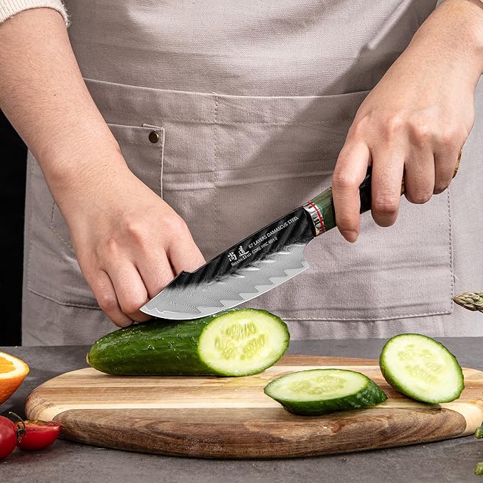 SHANGDAO Damascus Utility Knife 4.8 Inch Fruit Knife with Leather Sheath 67 Layers Alloy Steel Peeling Cutter - Hand Forged Resin & Wood Handle QILIN Series