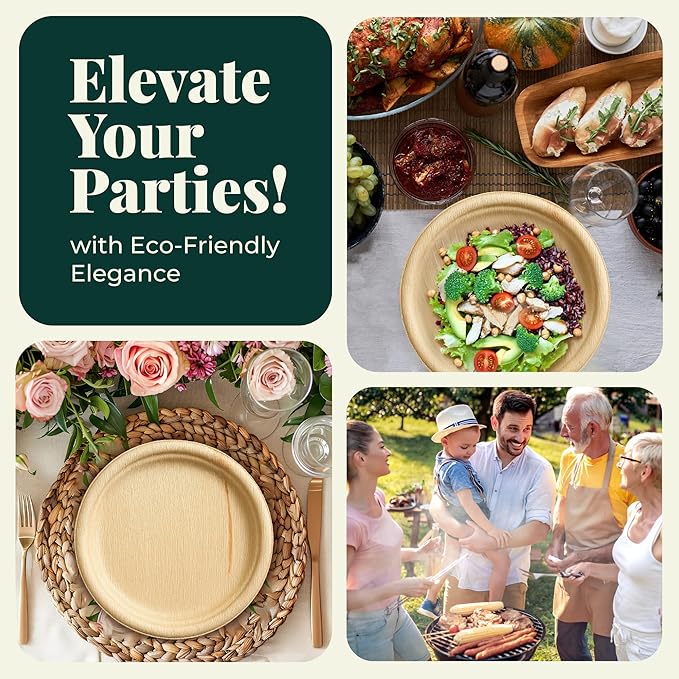Palm Leaf Plates 10 Inch Bamboo Paper Disposable 50 Bulk Dinner Round Party Plates Event Tableware Eco Biodegradable Compostable Wooden Plate Best Alternative to Plastic Plate