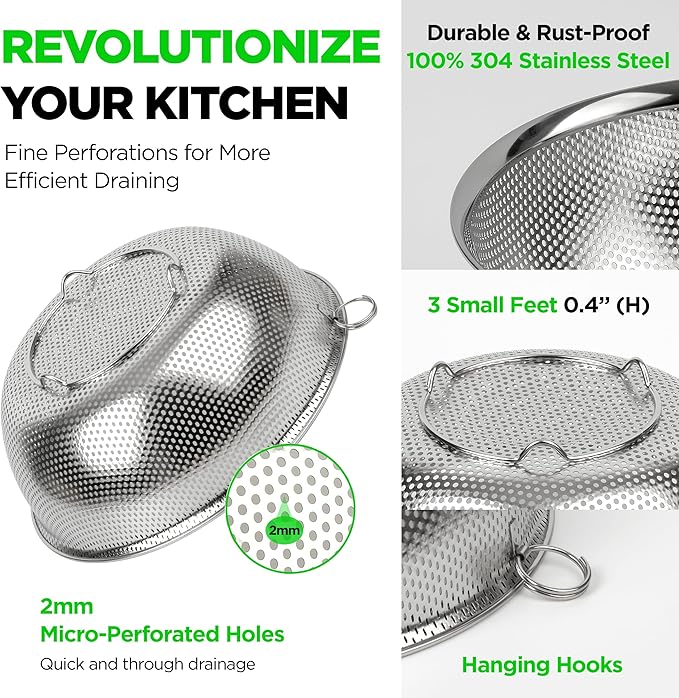 Premium 18/8 304 Stainless Steel Micro-Perforated Small and Big Colander Set of 4 with rings - 3.5-5.5-7.5-9.5 Quart Set, Self-Draining Solid Base for Pasta, Fruits, Vegetables