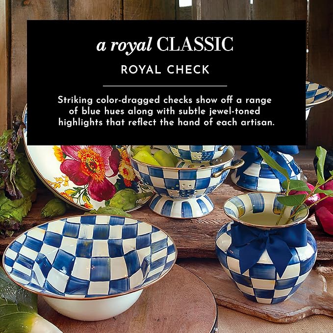 MACKENZIE-CHILDS Enamel Breakfast Bowl, Unique Soup Bowl or Cereal Bowl, Dinnerware, Blue-and-White Royal Check, Set of 1