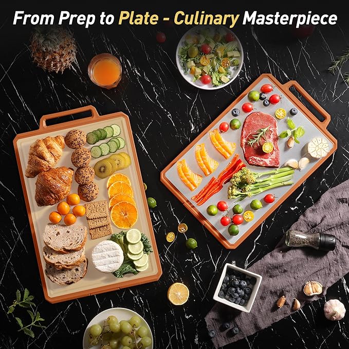 Titanium Cutting Boards for Kitchen Chopping Board with Handle Large Big Small Kitchen Meat Butcher Block 2 in 1 Pure Titanium and Wheat Straw PP Not Wood Bamboo Plastic Silicone Teak Morandi Orange
