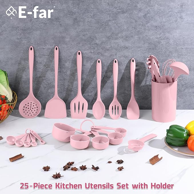 E-far Silicone Cooking Utensils Set, 25 Piece Kitchen Utensils with Holder, Non Toxic Kitchen Tools Spatula, Turner, Spoon, Ladle for Nonstick Cookware, Heat Resistant & Dishwasher Safe - Pink