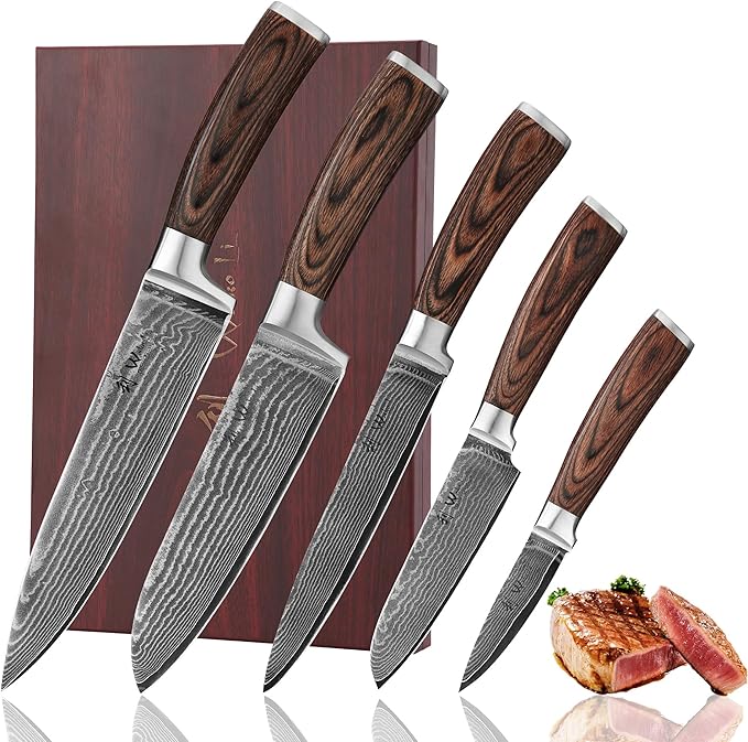 Wakoli EDIB 5-Piece Damascus Knife Set – Japanese Style Professional Kitchen Knives | Genuine Damascus Steel Blades with VG10 Core | Ergonomic Pakkawood Handles | Premium Chef Knife Set