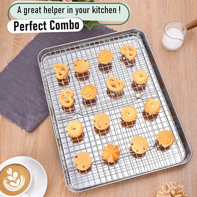 Baking Sheet with Wire Rack, Homikit 16" x 12" Stainless Steel Cookie Sheet Bacon Pan for Oven, Nonstick Jelly Roll Pan Baking Tray with Grid Cooling Rack Set for Cooking Roasting, Dishwasher Safe