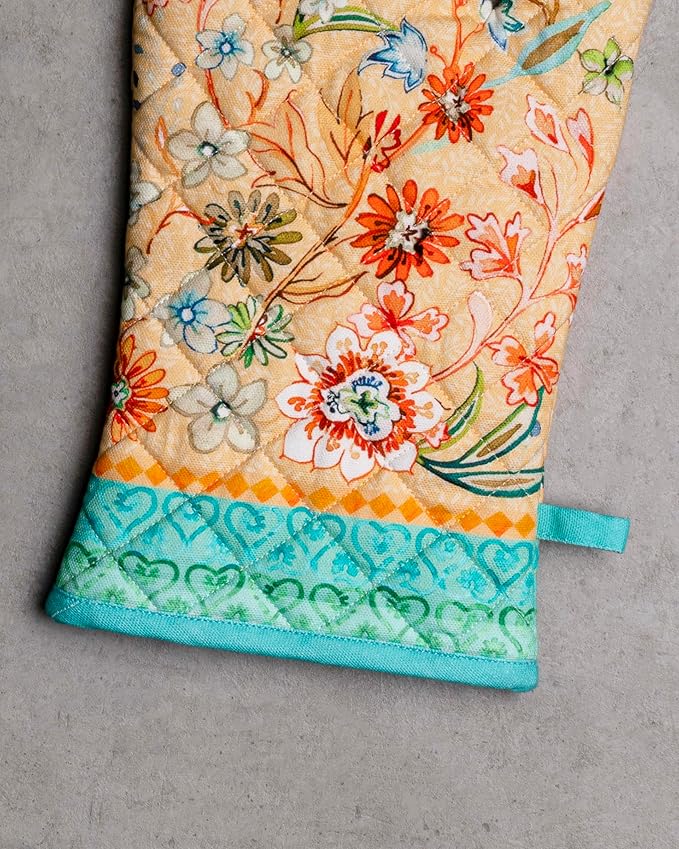Maison d' Hermine 100% Cotton Oven Mitt & Pot Holder Set (7.5"x13" & 8"x8") Heat Resistant BBQ Cooking Gloves with Loop, Baking, Grilling, Kitchen, Handling Hot Pan Spring/Summer (Luxury Loft – Peach)