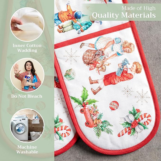Maison d' Hermine Double Oven Mitts 100% Cotton 7"x35" Double Oven Mitt Heat Resistant BBQ Cooking Gloves with Loop, Baking, Grilling, Home, Kitchen, Handling Hot Pans (Chromo)