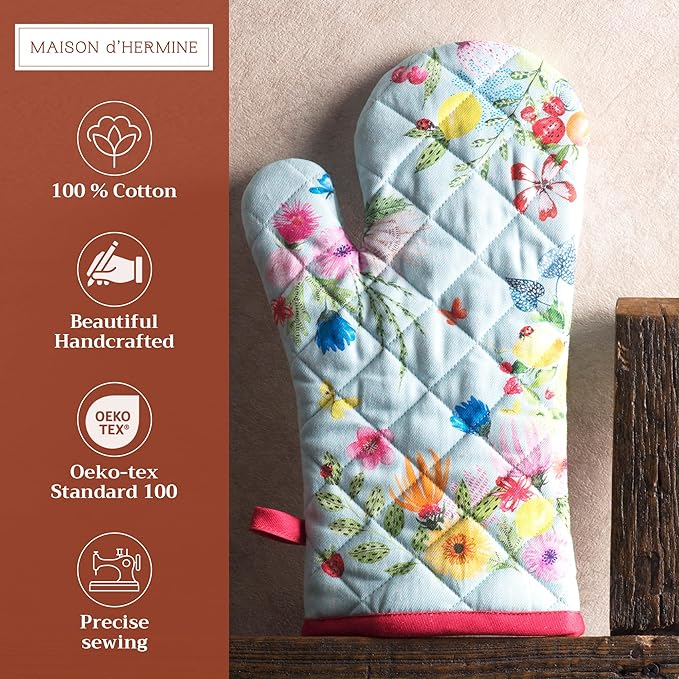 Maison d' Hermine Oven Gloves 100% Cotton Oven Mitt 7" x 13" with Loop Heat Resistant, BBQ, Cooking Gloves, Baking, Grilling, Kitchen, Handling Hot Pans Spring/Summer (Pack of 1, Jardin D'Ete - Mint)