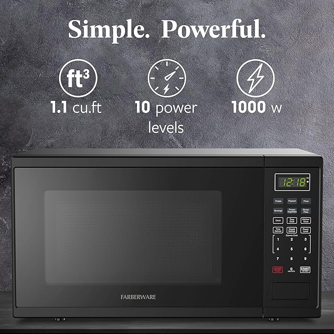 Farberware 1.1 Cu. Ft. 1000-Watt Microwave Oven Digital Control, 10 Power Levels, One-Touch Cooking, Defrost, Child Safety Lock, Black