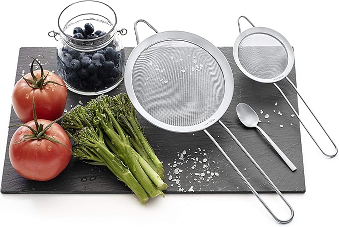 Strainer Set Fine Mesh – Premium 304 Stainless Steel (18/8) – 8″, 5.5″ and 3.3″ Sturdy Kitchen Strainers (Silver)