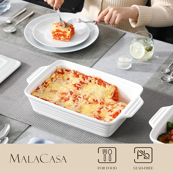 MALACASA 4.4 Quart Baking Dish With Lid, Porcelain Casserole dish with Lid, 13 x 9 Lasagna Pan Deep with Lid, Rectangular Bakeware With Handle, Microwave, Oven Safe, White, Series BAKE