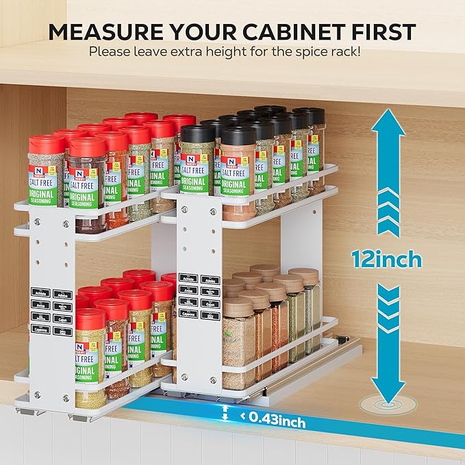 Nieifi Pull Out Spice Rack Organizer, 2 Tiers, White, Spice Organization for Cabinet, Height Adjustable, Easy to Install