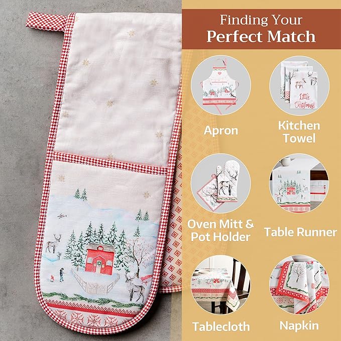 Maison d' Hermine Double Oven Mitts 100% Cotton 7"x35" Double Oven Mitt Heat Resistant BBQ Cooking Gloves with Loop, Baking, Grilling, Home, Kitchen, Handling Hot Pans (Rural Christmas)