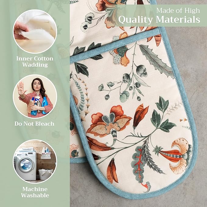Maison d' Hermine Double Oven Mitts 100% Cotton 7"x35" Double Oven Mitt Heat Resistant BBQ Cooking Gloves with Loop, Baking, Grilling, Home, Kitchen, Handling Hot Pans (Dalida)
