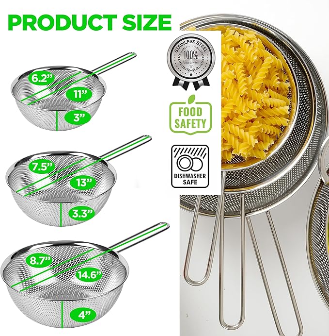 Premium 18/8 304 Stainless Steel Strainer Set of 3 with Long Handle, Micro-Perforated Colanders 1.5-2.5-4 Quart Set, Self-Draining Solid Base for Pasta, Fruits, Vegetables, Made in Korea