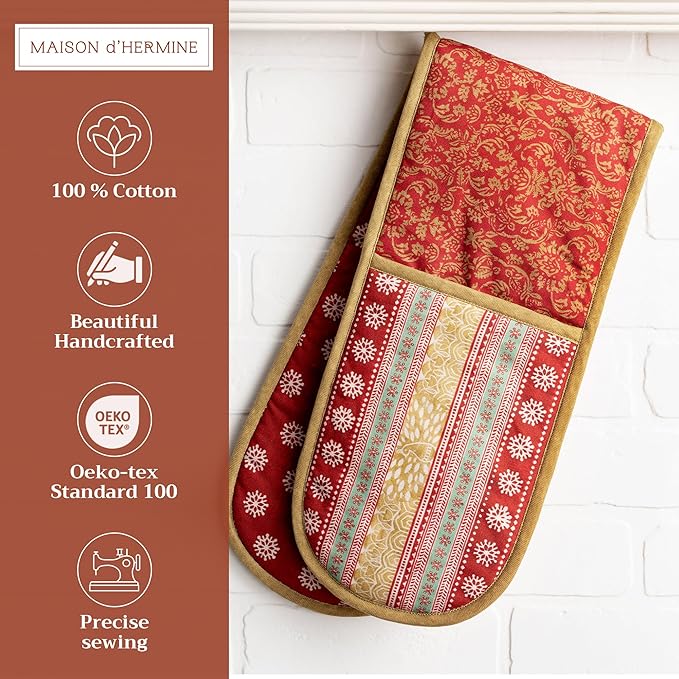 Maison d' Hermine Double Oven Mitts 100% Cotton 7"x35" Double Oven Mitt Heat Resistant BBQ Cooking Gloves with Loop, Baking, Grilling, Home, Kitchen, Handling Hot Pans (Sofia)