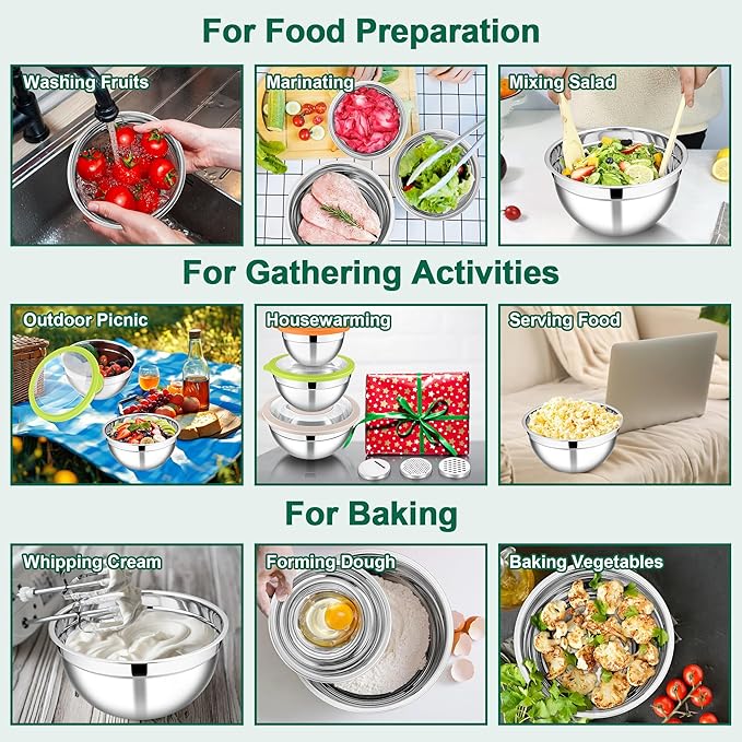 E-far Mixing Bowls with Lids and Graters, Stainless Steel Salad Mixing Bowl with Transparent Lid Set of 3, Metal Nesting Salad Storage for Kitchen Prepping/Serving/Baking, 4.6/2.6/1.5QT - Colorful