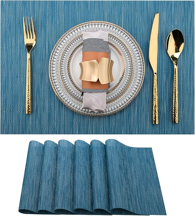 Vinyl Placemats Set of 6 - Easy Clean Place Mats - Washable Heat Resistant Table Mats for Dining Table - 17x12 Inch (Sky Blue Turquoise, 6)