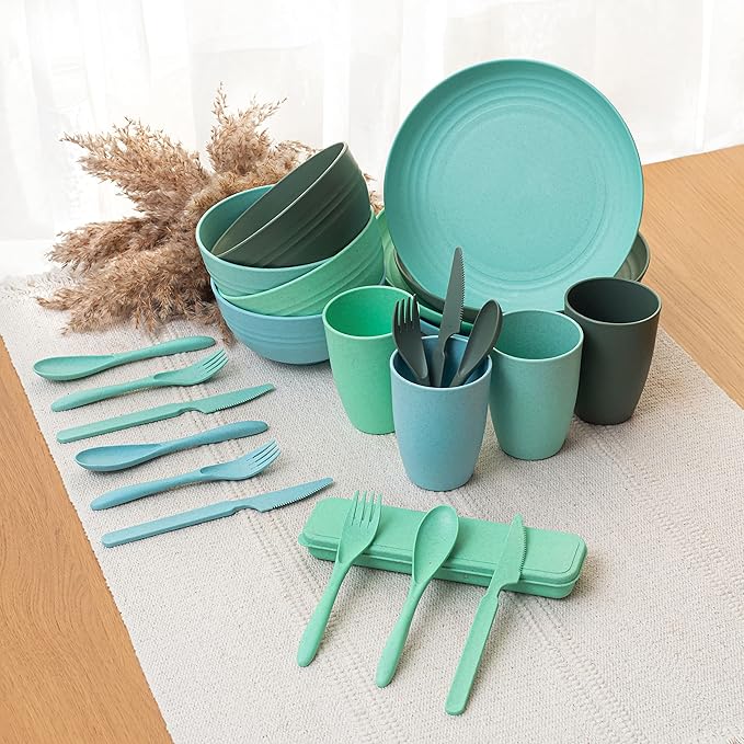 FOODLE Wheat Straw Dinnerware Set - BPA Free & Safety Tested - Microwave & Dishwasher Safe Dishes - Perfect for Camping, Picnic, RV, Dorm - Plates, Cups and Bowls - Great for Kids & Adults - For 4