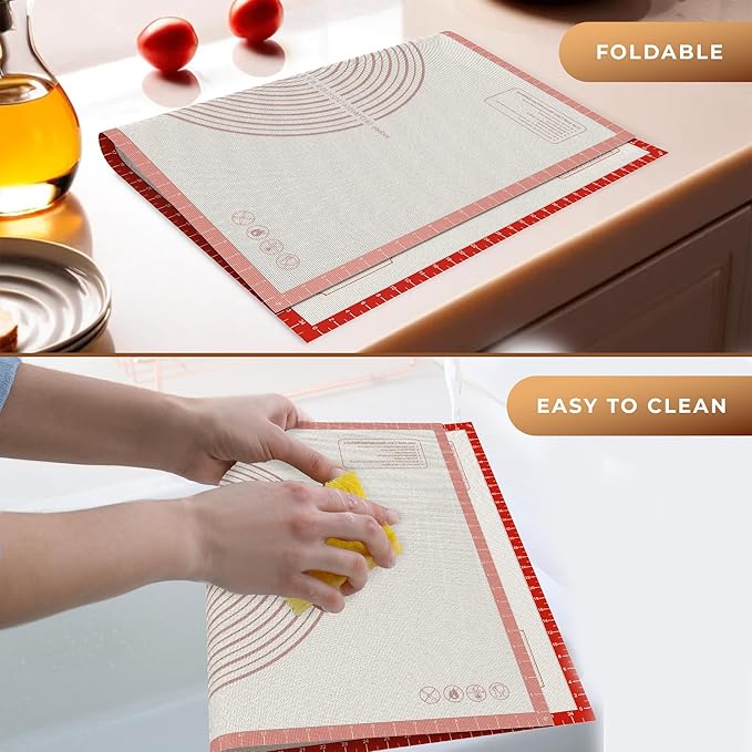 36 * 24 inches Red, Non-Slip Silicone Baking Sheets - Baking Mat with 0.7mm Thickness - Non-Stick Pastry & Cookie Mat for Kitchen Counter for Rolling Out Dough with Measurements.