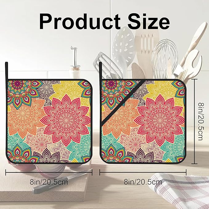 Vintage Mandala Floral Pot Holders 2 PCS for Kitchen, Heat Resistant Hot Pads for Cooking Grilling Baking BBQ, Pot Holders for Women Cook Essentials Accessories Home Microwave