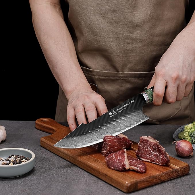 SHANGDAO Damascus Chef Knife 8 Inch,67 Layers Alloy Steel Professional Kitchen Knives with Leather Sheath, Hand Forged Resin & Wood Handle QILIN Series