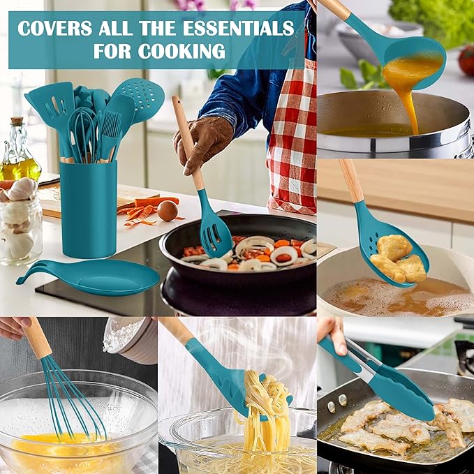 E-far Blue Cooking Utensils Set with Holder, 25-Piece Silicone Kitchen Utensil Set with Wooden Handle for Nonstick Cookware, 446°F Heat Resistant Kitchen Tool Spatula Tongs Whisk, Non-toxic & Healthy