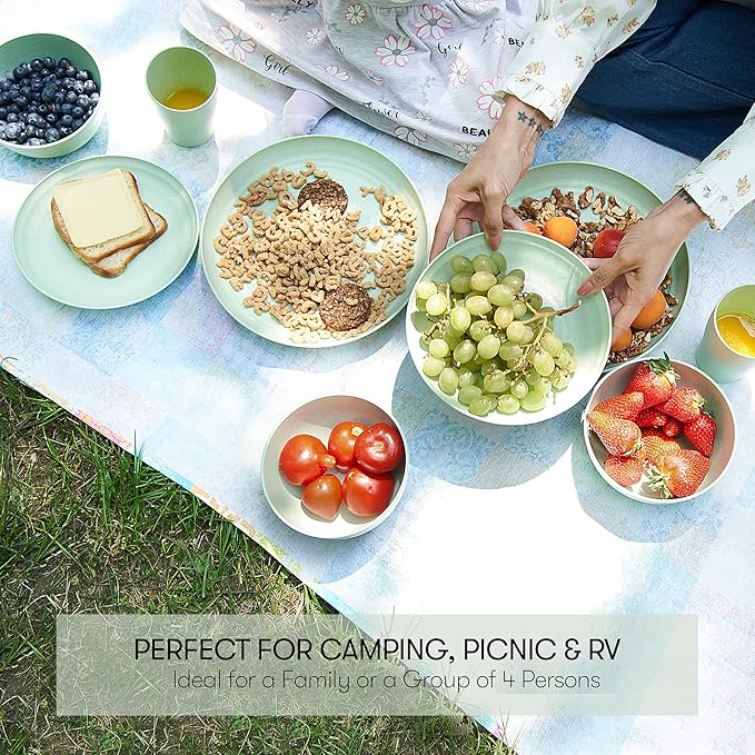 Wheat Straw Dinnerware Sets | Unbreakable Dinnerware Sets | Dishwasher Microwave Safe Dinnerware | Eco Friendly Non Breakable Dinnerware Sets | RV Outdoor Camping (Green, Service for 4 (16 pcs))