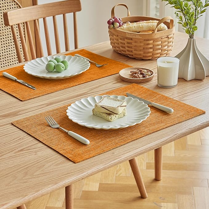 Softalker Faux Linen Placemats Set of 4-12 x 18 Inch, Heat Resistant Double Layered Durable Burlap Farmhouse Place Mats, Non-Slip Washable Rustic Table Mats for Dining, Kitchen, Party(Orange