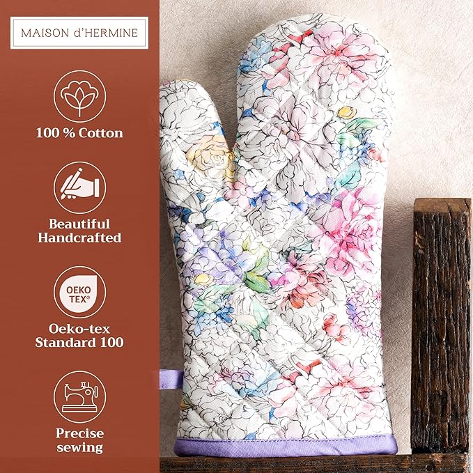 Maison d' Hermine Oven Gloves 100% Cotton Oven Mitt 7" x 13" with Loop Heat Resistant, BBQ, Cooking Gloves, Baking, Grilling, Kitchen, Handling Hot Pans Spring/Summer (Pack of 1, Floral Love)