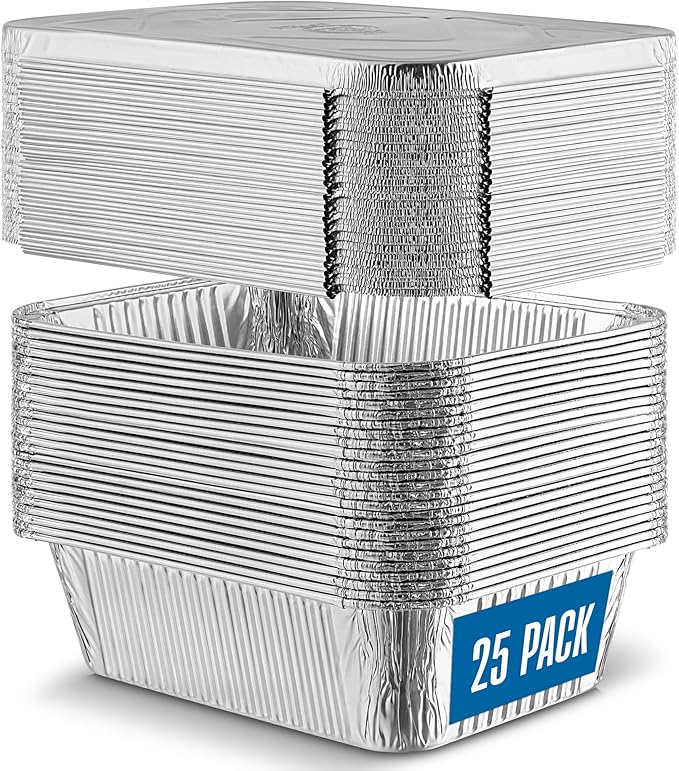 PLASTICPRO 25 Pack Aluminum Pans 8'' X 10" Disposable Pans with Covers Heavy Duty 5 lb Foil Pans for Baking and Cooking