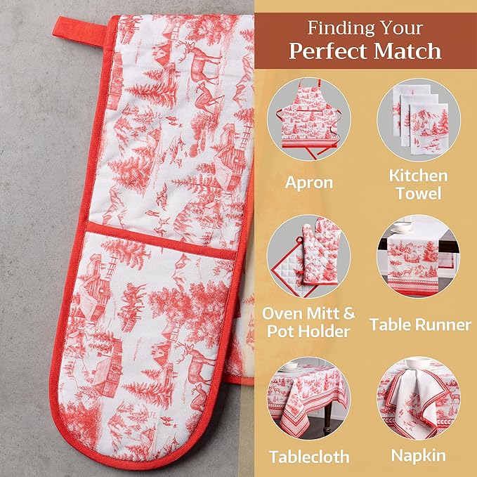 Maison d' Hermine Double Oven Mitts 100% Cotton 7"x35" Double Oven Mitt Heat Resistant BBQ Cooking Gloves with Loop, Baking, Grilling, Home, Kitchen, Handling Hot Pans (Winter Jouy)