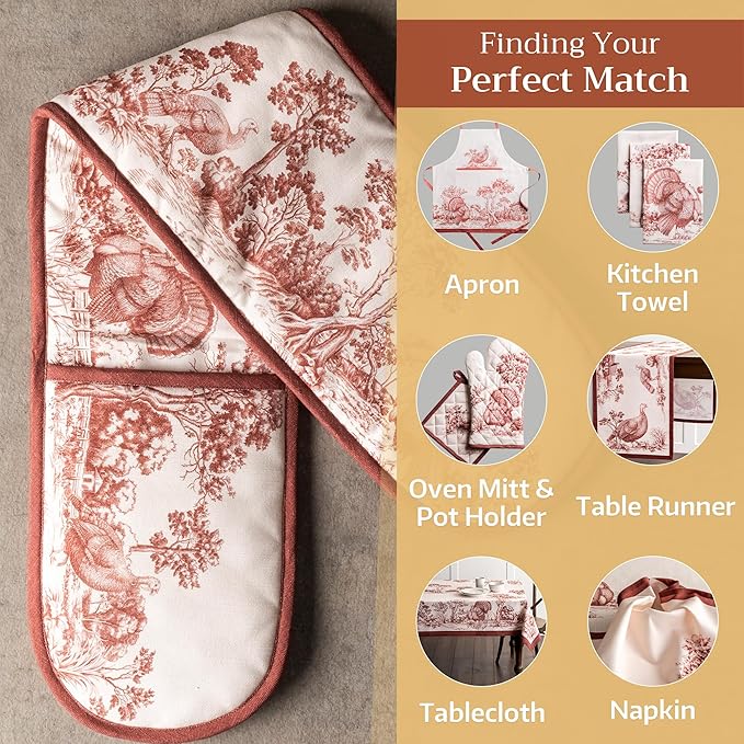 Maison d' Hermine Double Oven Mitt 100% Cotton Heat Resistant Cooking Gloves with Loop, Baking Barbeque, Handling Hot Pan, Holy Jouy - Brown - Thanksgiving/Christmas (7 Inch x 35 Inch)