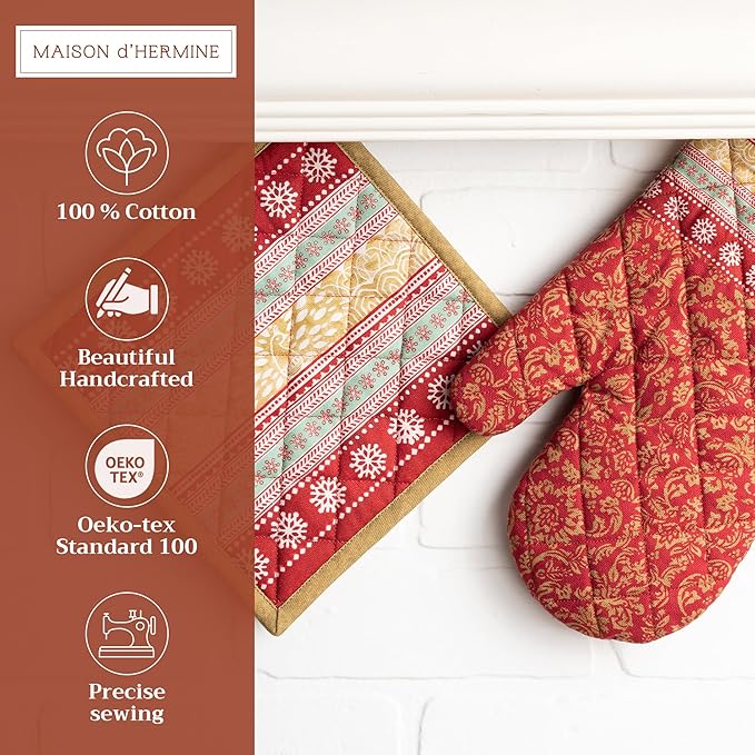 Maison d' Hermine 100% Cotton Oven Mitt & Pot Holder Set (7.5"x13" & 8"x8") Heat Resistant BBQ Cooking Gloves with Loop, Baking, Grilling, Kitchen, Handling Hot Pans (Sofia)