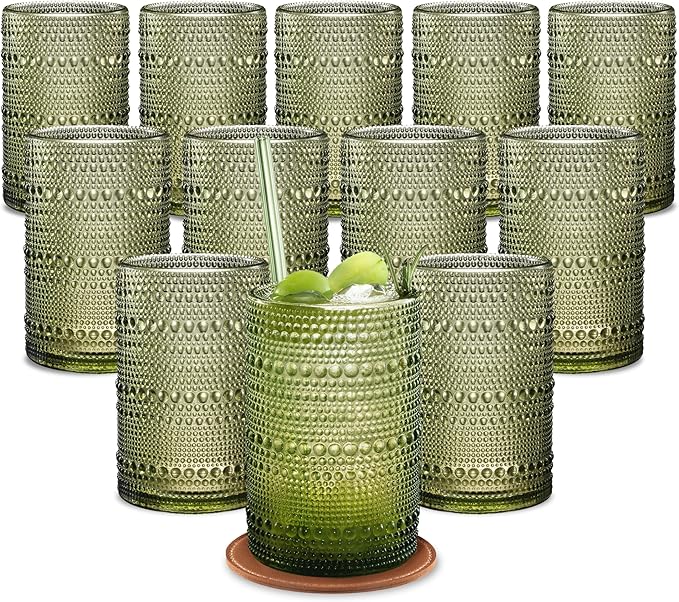 15 OZ Hobnail Drinking Glasses Set of 12 - Vintage Embossed Glassware, Textured Tumblers for Water, Beer, Cocktails & Whiskey – Includes Straws and Coasters – Green