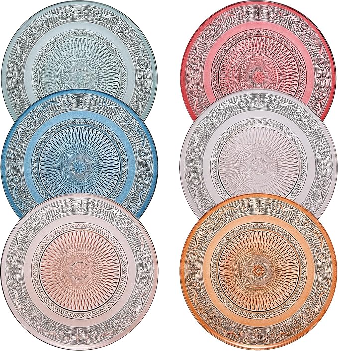 Vintage Crystal Colored Plates | Set of 6 Plates | Pastel Colors 10.6" Dinner & Charger Plate - Server, Charger, Server, Appetizer, Snack, Fruit, Housewarming Gift | Hand Wash Only | 100% FREE LEAD