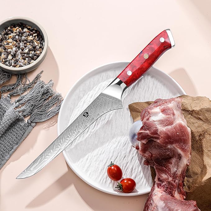 WILDMOK Boning Knife, Damascus Super Steel Forged 67 Layers, Meat Cutting, Trimming, Deboning, Full Tang Resin Handle, Gift Box Included