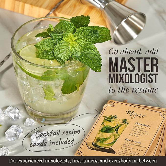 Mixology & Craft Bartender Kit – 15-Piece Cocktail Shaker Set with Bar Tools, Premium Stainless Steel Drink Mixer Accessories for Home Bar, Includes Bamboo Stand, Plus Exclusive Recipe Cards (Black)