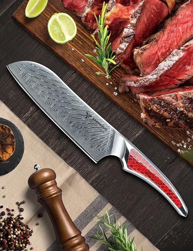 7 inch Santoku Knife, Japanese VG-10 Damascus Steel Chef Knife, Ultra Sharp Kitchen Knife with Full-tang Handle in Red Resin, LA-S9 Series