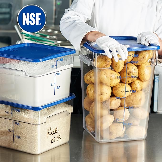 CURTA 4-Pack Food Storage Containers with Blue Lids - 12 Qt & 22 Qt Square Clear Polycarbonate - NSF Listed, Commercial Grade, Freezer & Dishwasher Safe, Stackable