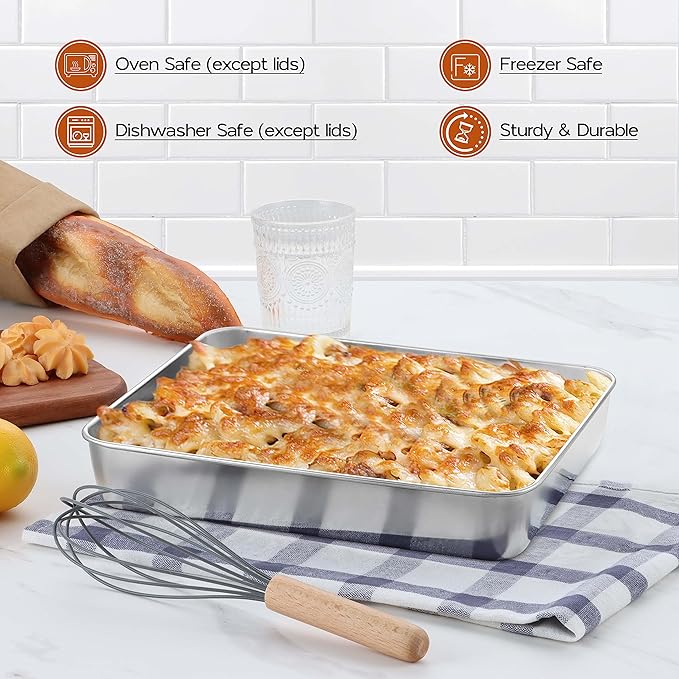 10⅜ x 8⅛ x 2 Inch Baking Pan with Lid, 2 Pack Stainless Steel Lasagna Rectangular Cake Pan, Non Toxic & Healthy