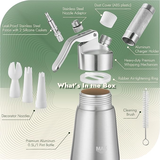 CURTA Professional Whipped Cream Dispenser, Premium Aluminium Cream Whipper, Cream Maker with 3 Decorating Tips, 500ml / 1 Pint Canister, N2O Chargers (Not Included) …