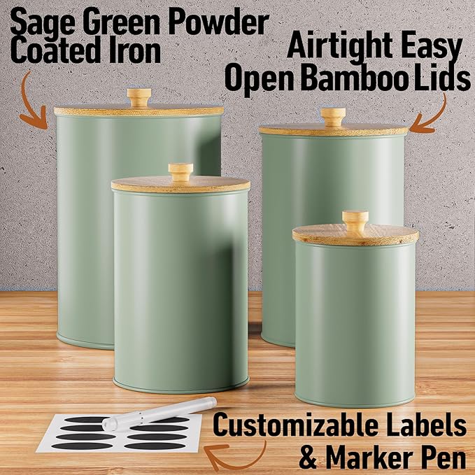 Kitchen Canisters for Countertop Set of 4 with Customizable Chalkboard Labels & Marker Pen - Big Iron Kitchen Canisters with Airtight Lids - Sage Green Canister Set - Flour and Sugar Containers