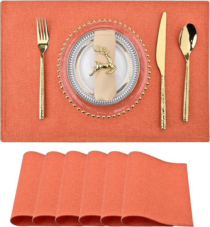 Thanksgiving Orange Cloth Placemats Set of 6 - Easy to Clean Linen Type Fabric Table Placemats -Machine Washable & Heat Resistant Non-Slip Table Mats for Holiday Dining (Orange, 6)