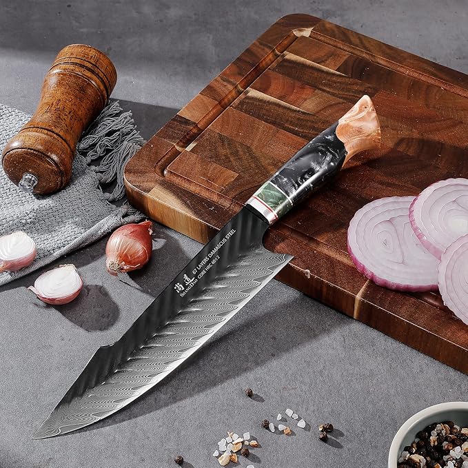 SHANGDAO Damascus Chef Knife 8 Inch,67 Layers Alloy Steel Professional Kitchen Knives with Leather Sheath, Hand Forged Resin & Wood Handle QILIN Series