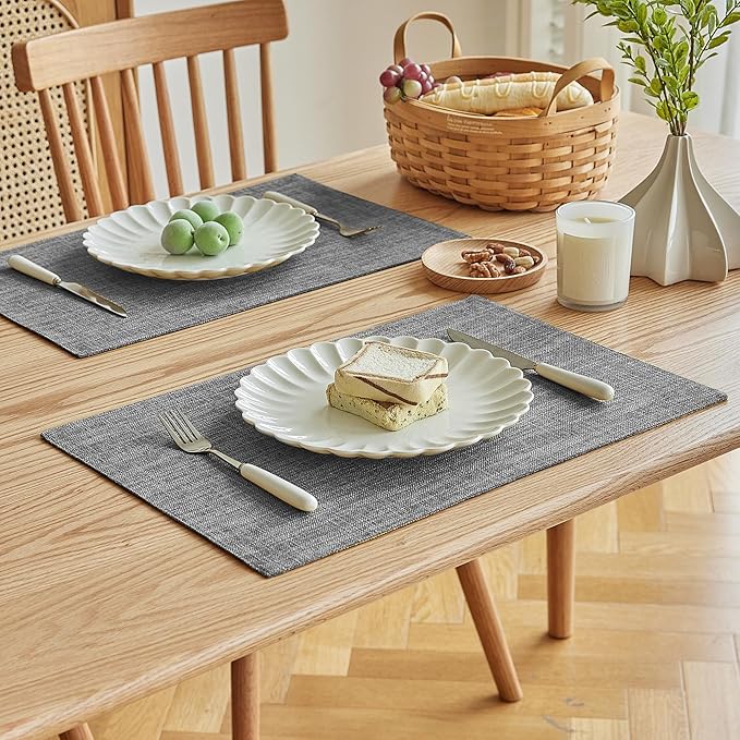Softalker Faux Linen Placemats Set of 12-12 x 18 Inch, Heat Resistant Double Layered Durable Burlap Farmhouse Place Mats, Non-Slip Washable Rustic Table Mats for Dining, Kitchen, Party(Light Grey
