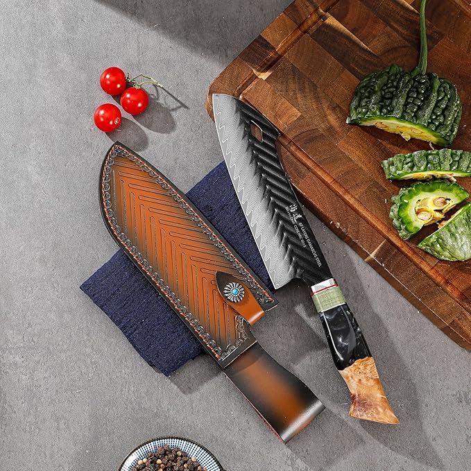 SHANGDAO Damascus Santoku Knife 7.5 Inch, 67 Layers Alloy Steel, With Professional Hand Forged Resin & Wood Handle QILIN Series